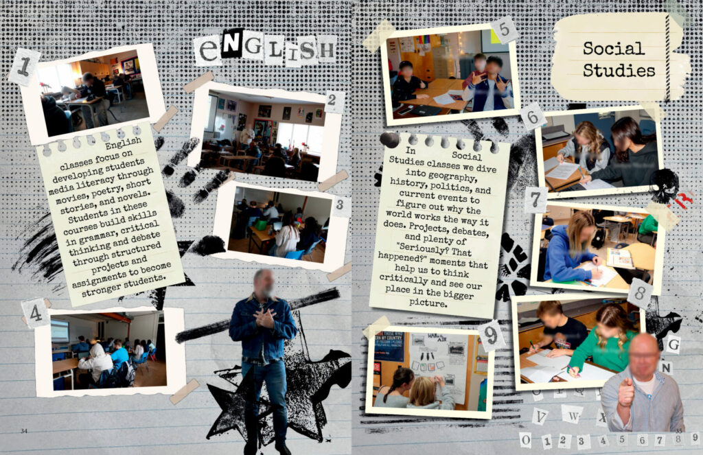 Yearbook spread combines typewriter-style fonts, torn paper graphics, and classroom photos in a scrapbook layout.