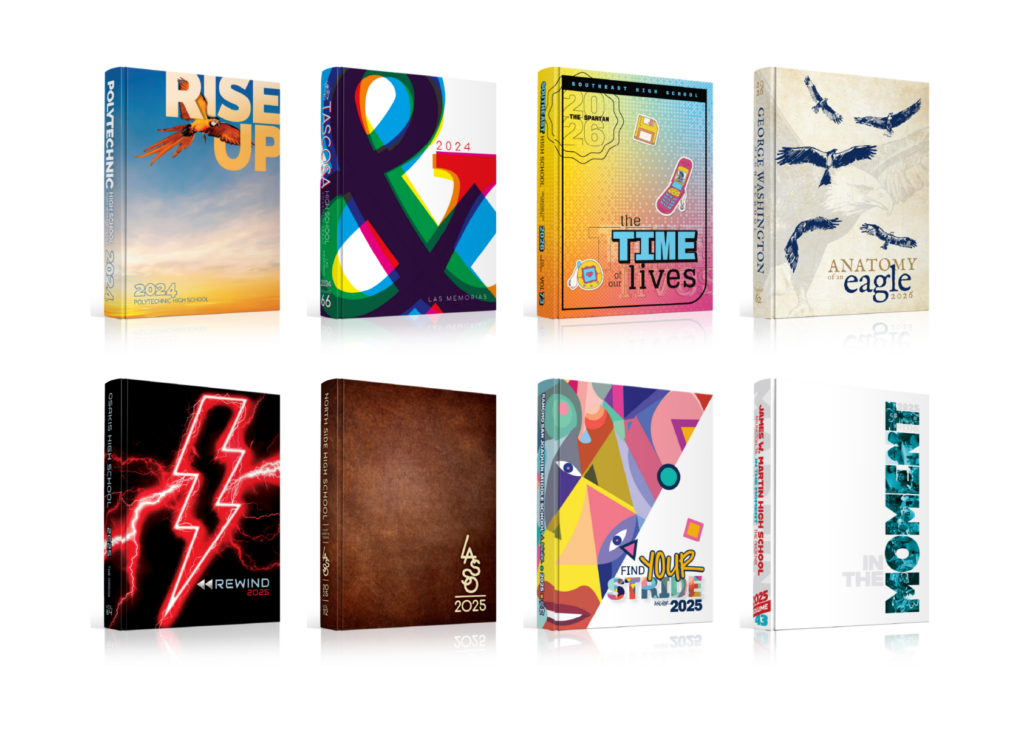 Collection of creative yearbook covers showcasing diverse themes, typography, illustrations, photography, and graphic design styles.