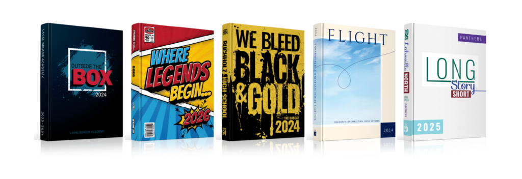 Examples of yearbook covers using bold themes, ranging from dramatic graphics to clean, minimalist typography layouts.