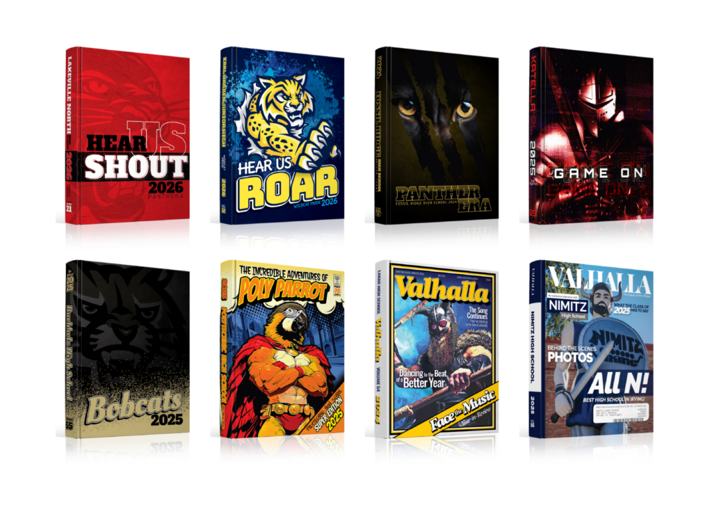 Collection of mascot-themed yearbook covers featuring school identities through illustrations, photography, and bold graphics.