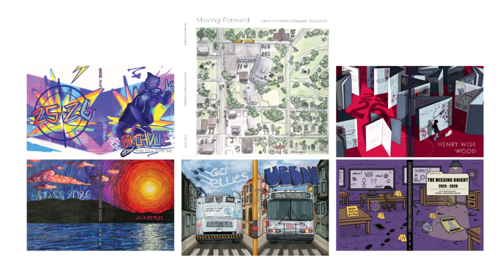 Examples of student-created yearbook cover artwork featuring illustration, painting, mixed media, maps, and graphic storytelling.