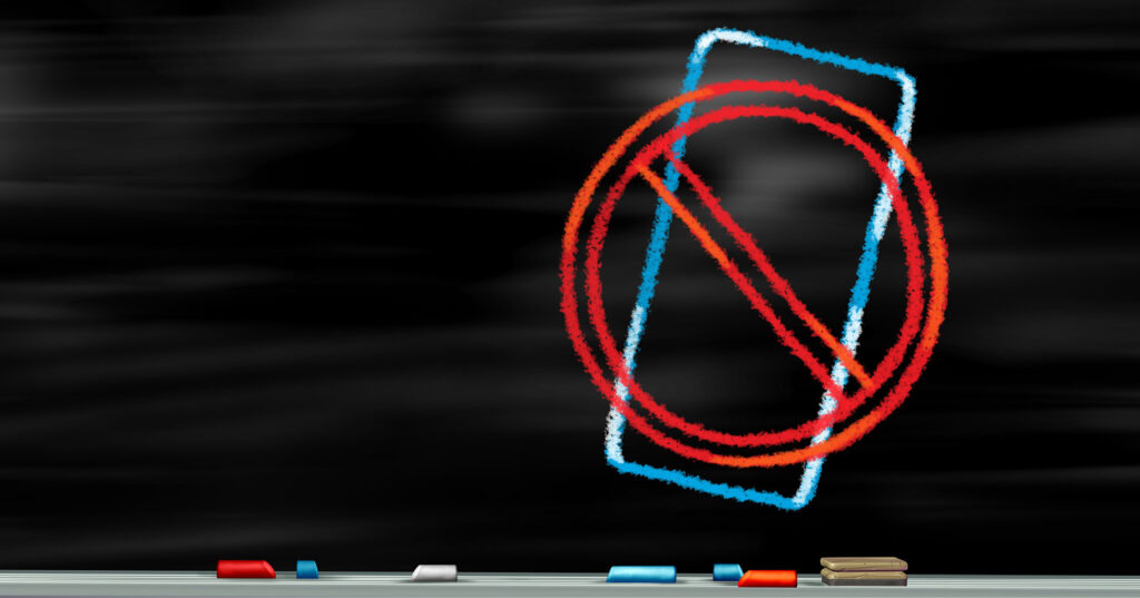 Chalkboard illustration of a cellphone crossed out with a red prohibition symbol, representing a phone ban.