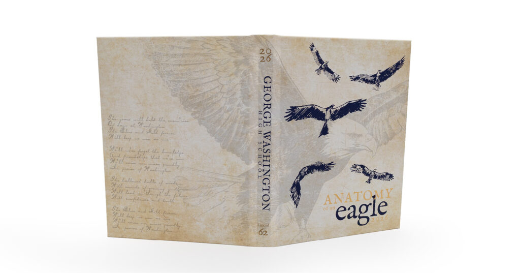 Yearbook cover featuring soaring eagle illustrations, layered wing imagery, and vintage parchment-style design.