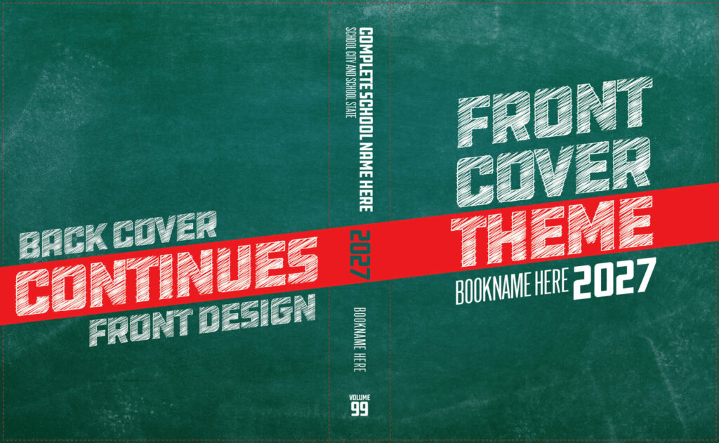 Yearbook cover concept featuring a green chalkboard background with bold white typography and a red diagonal banner.