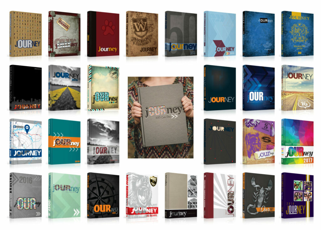 Grid of yearbook covers featuring “Journey” and “Our Journey” themes expressed through diverse styles, colors, and imagery.